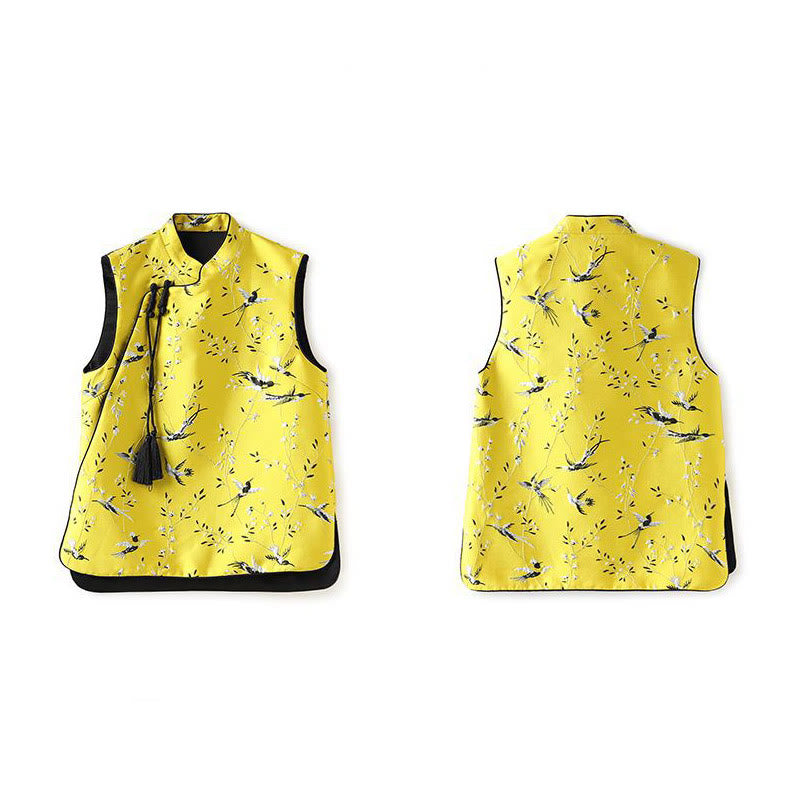 Gilet à boutons avec nœud et motif grue et plantes brodées vintage avec Buddha Stones - image 11