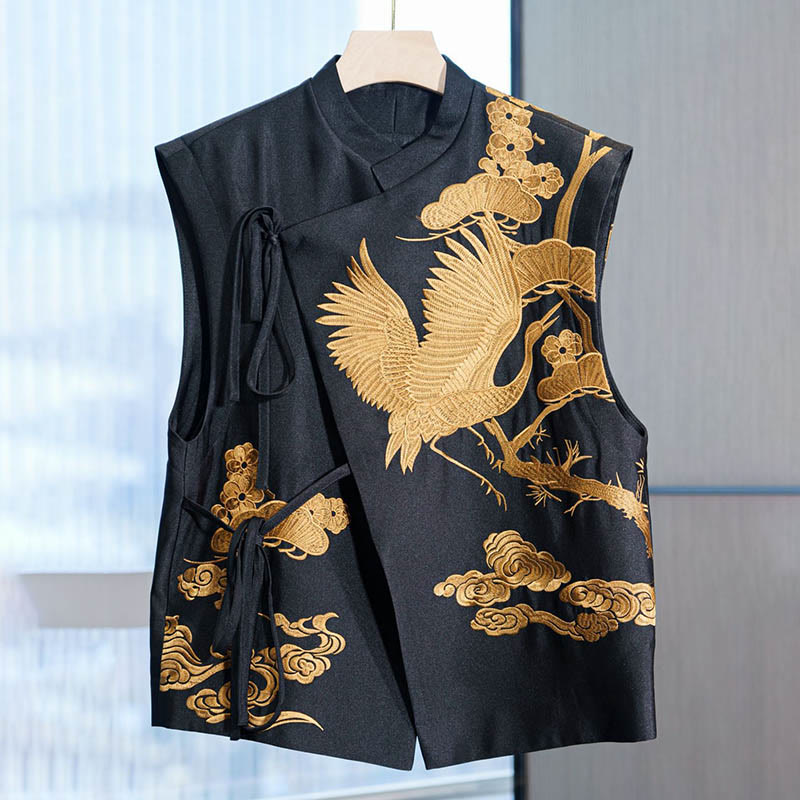 Gilet à motif de nuages ​​et grue dorée brodée vintage Buddha Stones - Doré - US12，UK/AU16，EU44 (3XL) - image 0