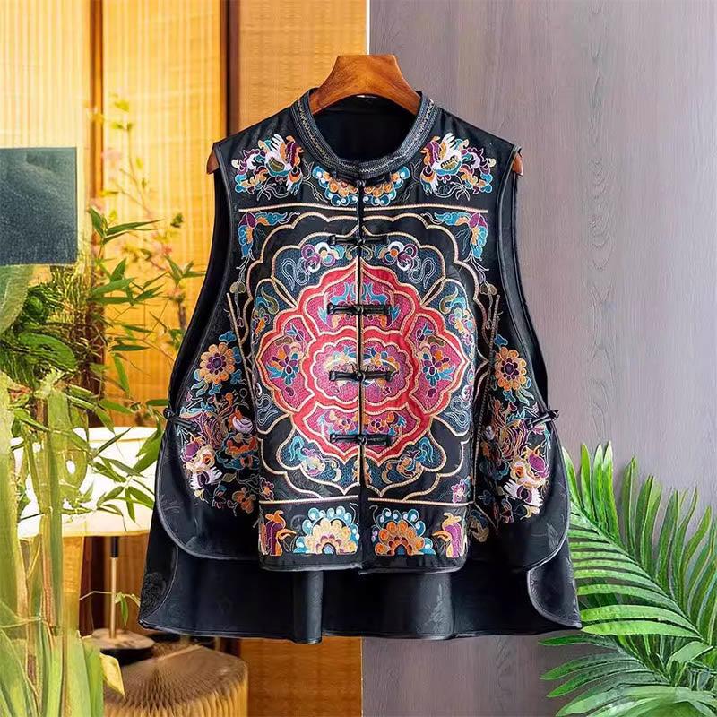 Gilet à motif de fleurs et de nuages ​​colorés avec broderie vintage Buddha Stones - Noir - US12，UK/AU16，EU44 (3XL) - image 0