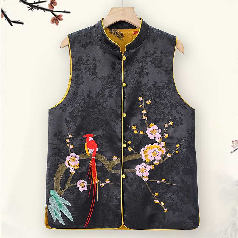 Gilet double face avec broderie vintage Buddha Stones et motif de fleur de prunier - Noir - US16，UK/AU20，EU48 (5XL) - image 0