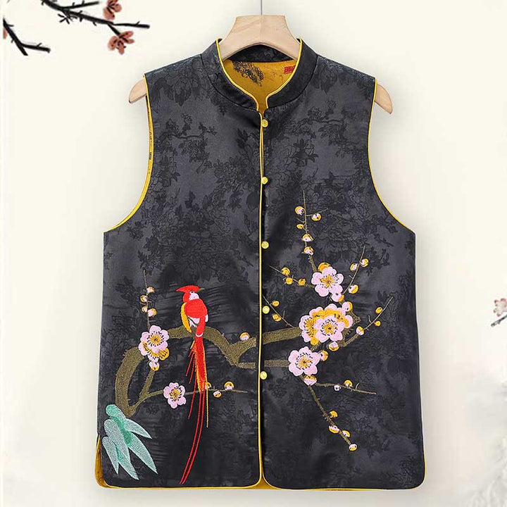Gilet double face avec broderie vintage Buddha Stones et motif de fleur de prunier - Noir - US16，UK/AU20，EU48 (5XL) - image 0