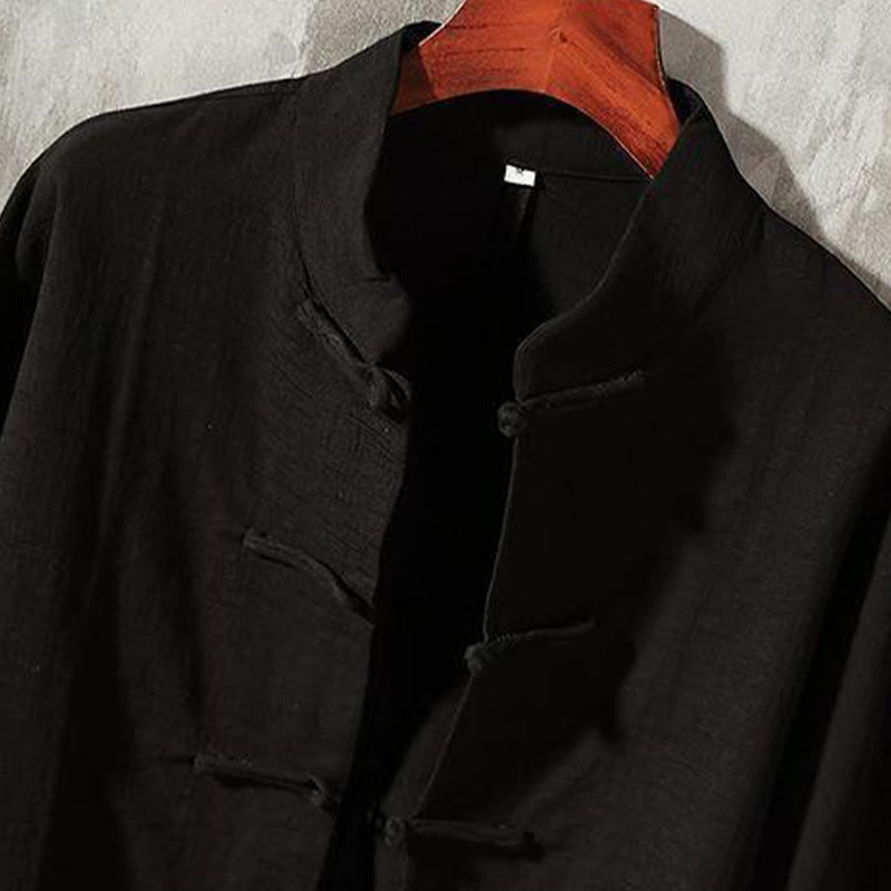 Chemise décontractée en coton et lin à col montant avec Buddha Stones - image 11