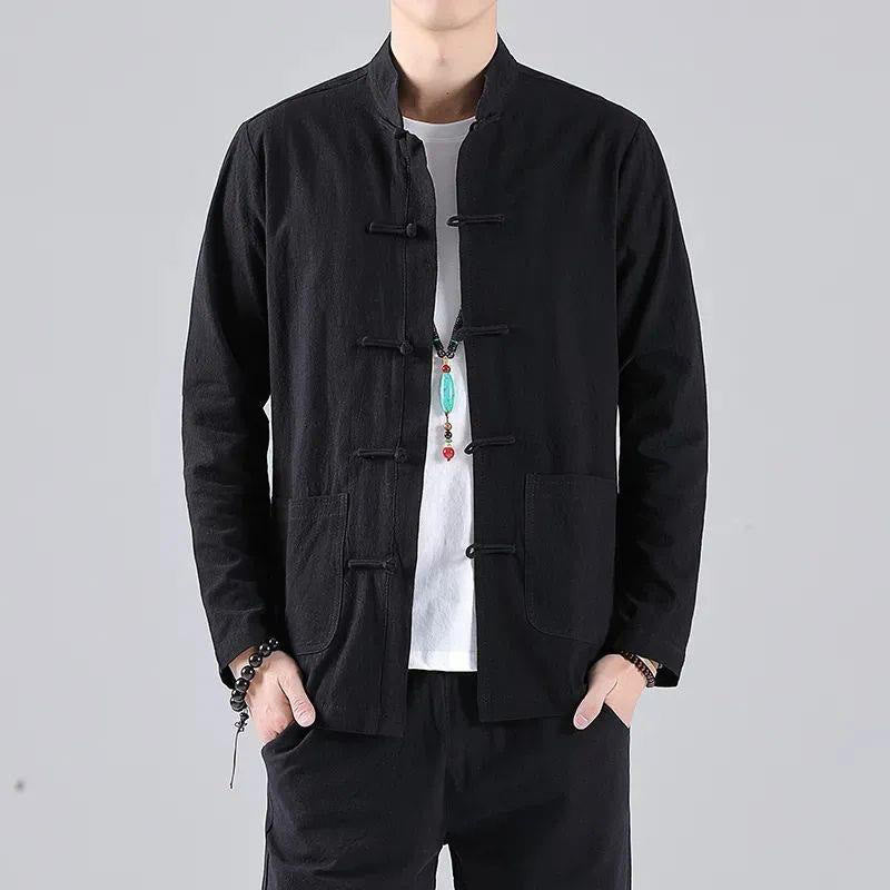 Chemise décontractée en coton et lin à col montant avec Buddha Stones - image 13