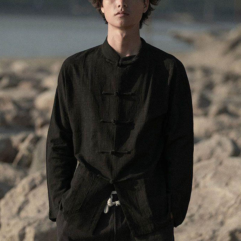 Chemise décontractée en coton et lin à col montant avec Buddha Stones - image 12