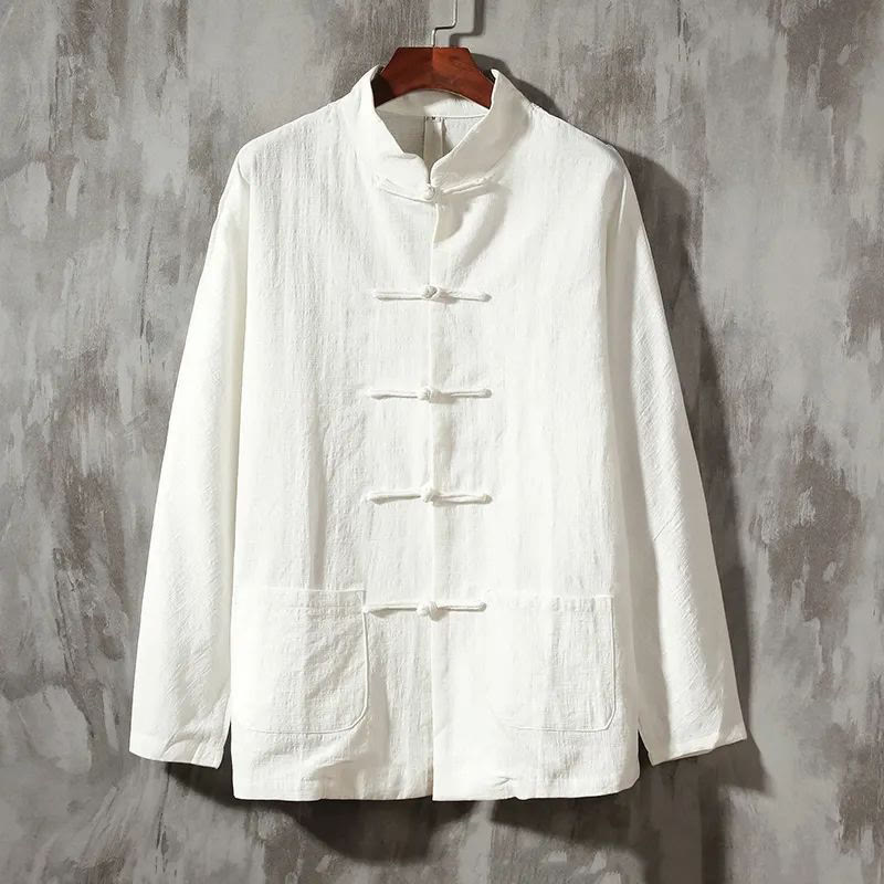 Chemise décontractée en coton et lin à col montant et Buddha Stones - Blanc - US/UK/AU44，EU54 (5XL) - image 1