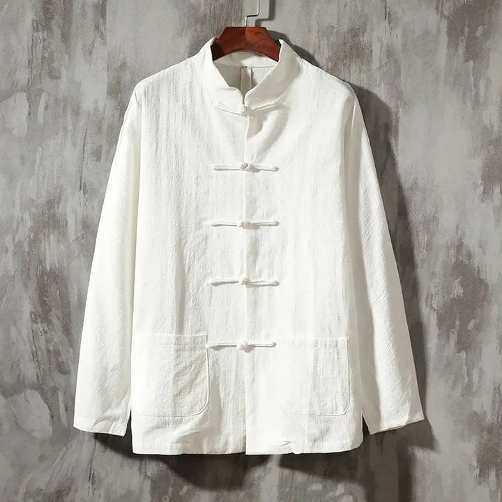 Chemise décontractée en coton et lin à col montant avec Buddha Stones - Blanc - US/UK/AU46，EU56 (5XL) - image 7