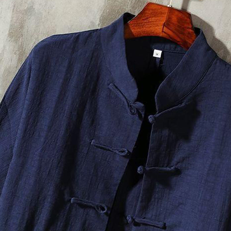 Chemise décontractée en coton et lin à col montant avec Buddha Stones - image 16