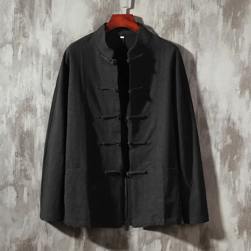 Chemise décontractée en coton et lin à col montant avec Buddha Stones - Noir - US/UK/AU46，EU56 (5XL) - image 10