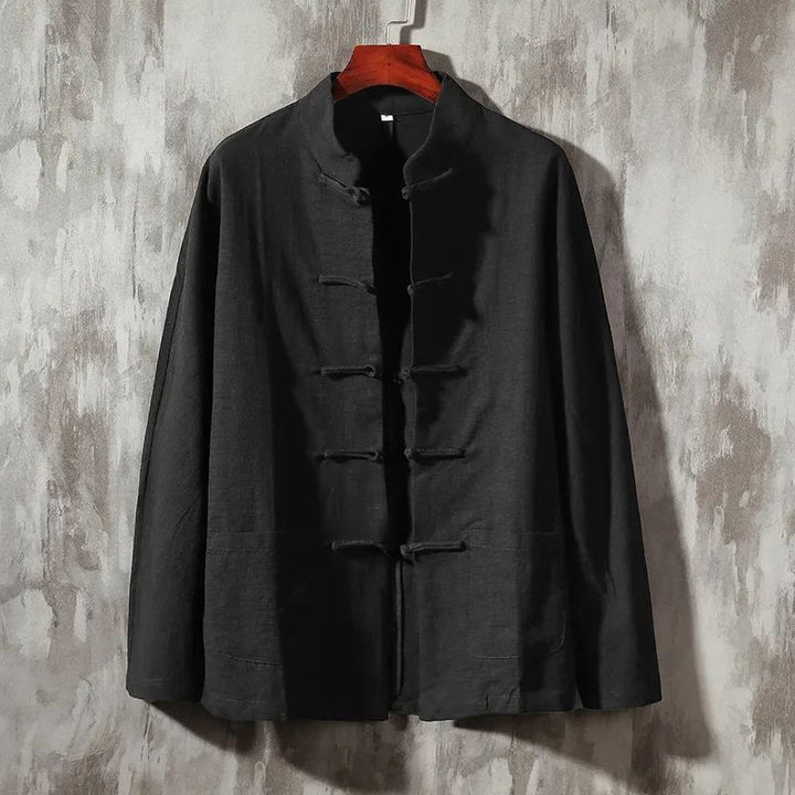 Chemise décontractée en coton et lin à col montant avec Buddha Stones - Noir - US/UK/AU46，EU56 (5XL) - image 10