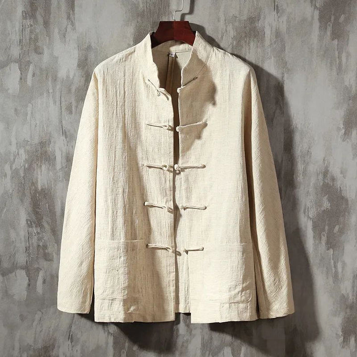 Chemise décontractée en coton et lin à col montant avec Buddha Stones - Beige - US/UK/AU46，EU56 (5XL) - image 1