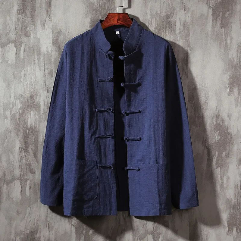 Chemise décontractée en coton et lin à col montant avec Buddha Stones - Bleu ardoise foncé - US/UK/AU46，EU56 (5XL) - image 15