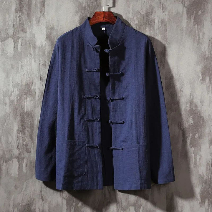 Chemise décontractée en coton et lin à col montant avec Buddha Stones - Bleu ardoise foncé - US/UK/AU46，EU56 (5XL) - image 15