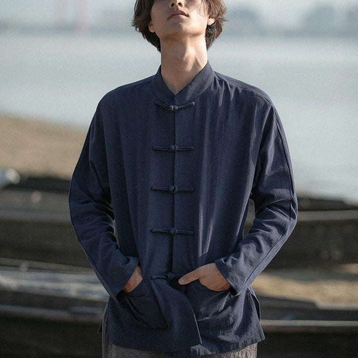 Chemise décontractée en coton et lin à col montant avec Buddha Stones - image 17