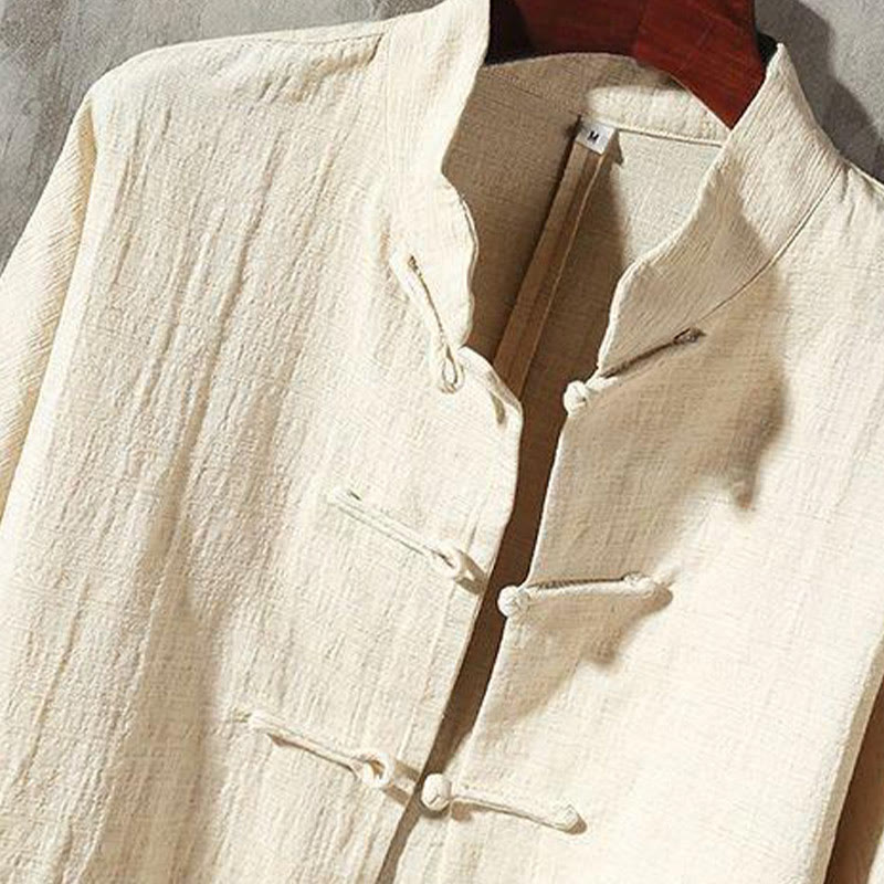 Chemise décontractée en coton et lin à col montant avec Buddha Stones - image 2