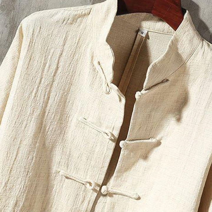 Chemise décontractée en coton et lin à col montant avec Buddha Stones - image 2