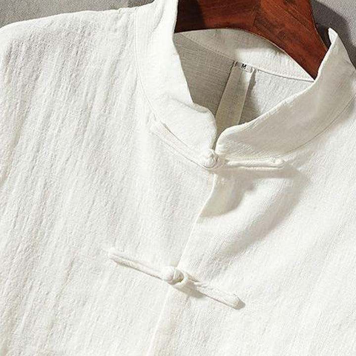 Chemise décontractée en coton et lin à col montant avec Buddha Stones - image 3