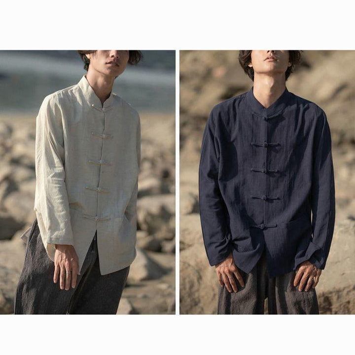 Chemise décontractée en coton et lin à col montant avec Buddha Stones - image 18