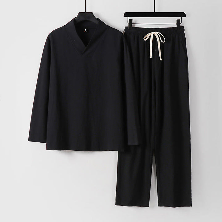 Ensemble de vêtements pour hommes en coton avec Buddha Stones, haut et pantalon Hanfu - Noir - US/UK/AU54，EU64 (9XL) - image 3