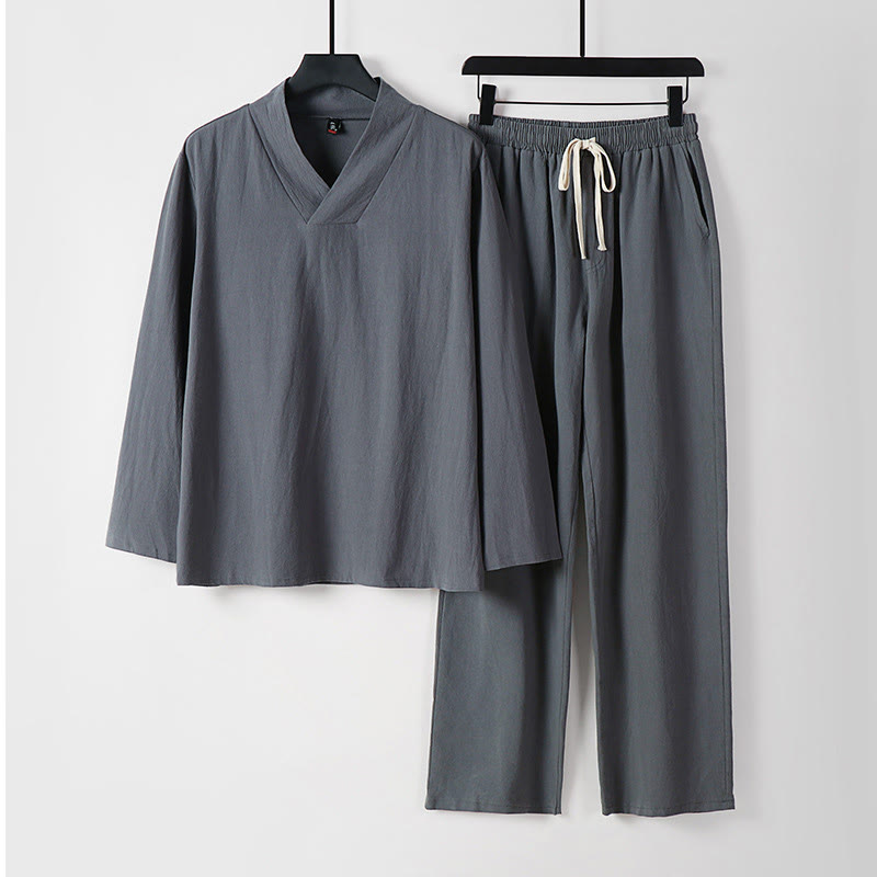 Ensemble de vêtements pour hommes en coton avec Buddha Stones, haut et pantalon Hanfu - Gris - US/UK/AU54，EU64 (9XL) - image 0