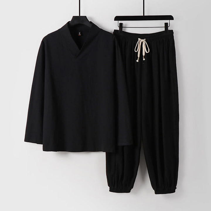 Ensemble de vêtements pour hommes en coton avec haut et pantalon Hanfu à col croisé et short bouffant court avec Buddha Stones - Noir - US/UK/AU54，EU64 (9XL) - image 9