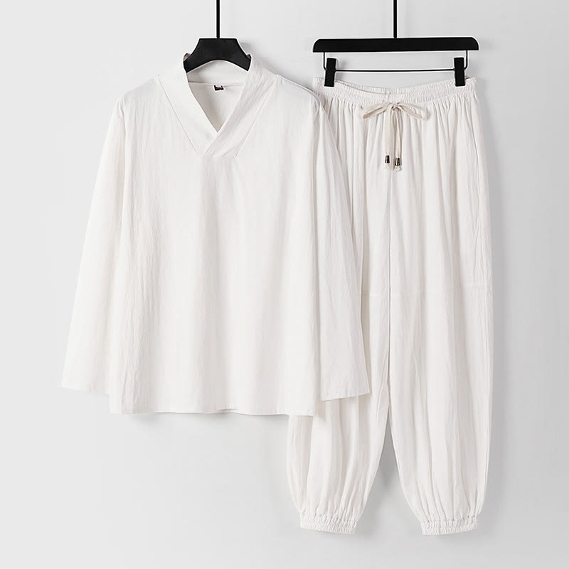 Ensemble de vêtements pour hommes en coton avec haut et pantalon Hanfu à col croisé et short bouffant court avec Buddha Stones - Blanc - US/UK/AU54，EU64 (9XL) - image 16