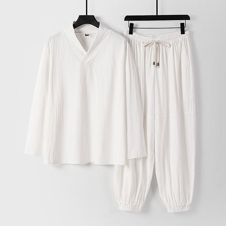 Ensemble de vêtements pour hommes en coton avec haut et pantalon Hanfu à col croisé et short bouffant court avec Buddha Stones - Blanc - US/UK/AU54，EU64 (9XL) - image 16
