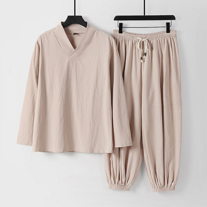 Ensemble de vêtements pour hommes en coton avec haut et pantalon Hanfu à col croisé et short bouffant court avec Buddha Stones - Bisque - US/UK/AU54，EU64 (9XL) - image 0