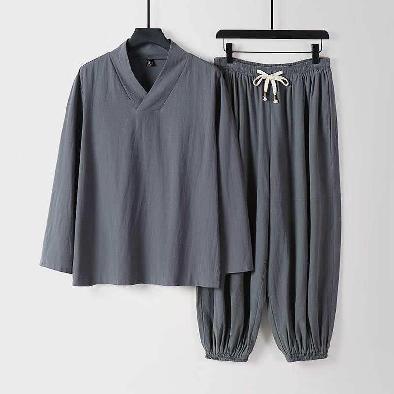 Ensemble de vêtements pour hommes en coton avec haut et pantalon Hanfu à col croisé et short bouffant court avec Buddha Stones - Gris - US/UK/AU54，EU64 (9XL) - image 22