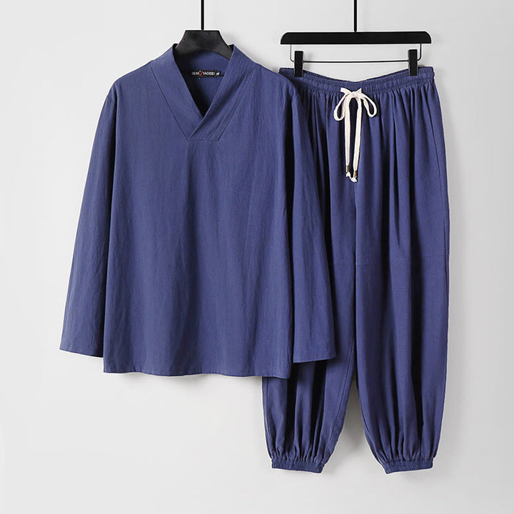 Ensemble de vêtements pour hommes en coton avec haut et pantalon Hanfu à col croisé et short bouffant court avec Buddha Stones - Bleu ardoise foncé - US/UK/AU54，EU64 (9XL) - image 19