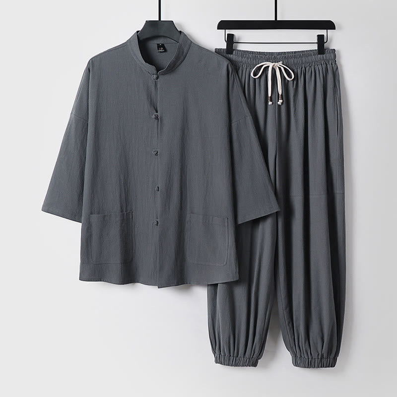 Ensemble haut et pantalon en coton à manches trois-quarts et short bouffant court Buddha Stones pour homme - Gris - US/UK/AU50，EU60 (7XL) - image 0