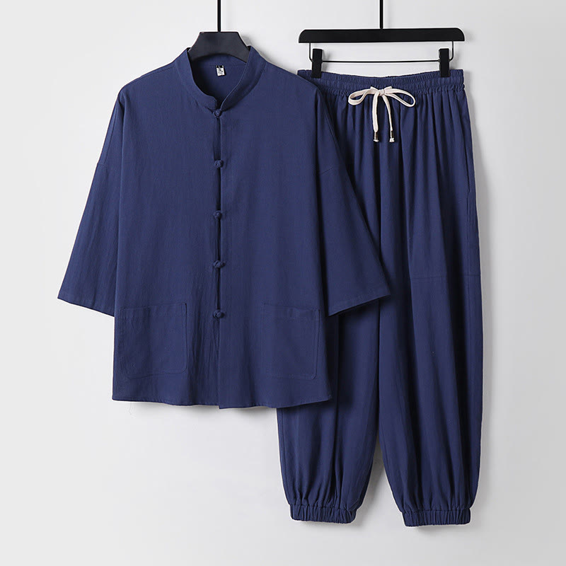 Ensemble haut et pantalon en coton à manches trois-quarts et short bouffant court Buddha Stones pour homme - Bleu ardoise foncé - US/UK/AU50，EU60 (7XL) - image 8