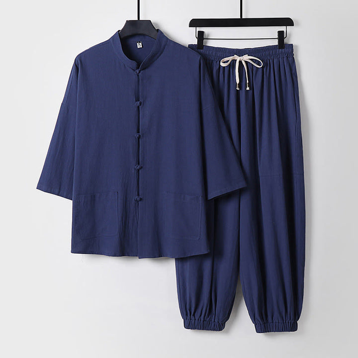 Ensemble haut et pantalon en coton à manches trois-quarts et short bouffant court Buddha Stones pour homme - Bleu ardoise foncé - US/UK/AU50，EU60 (7XL) - image 8