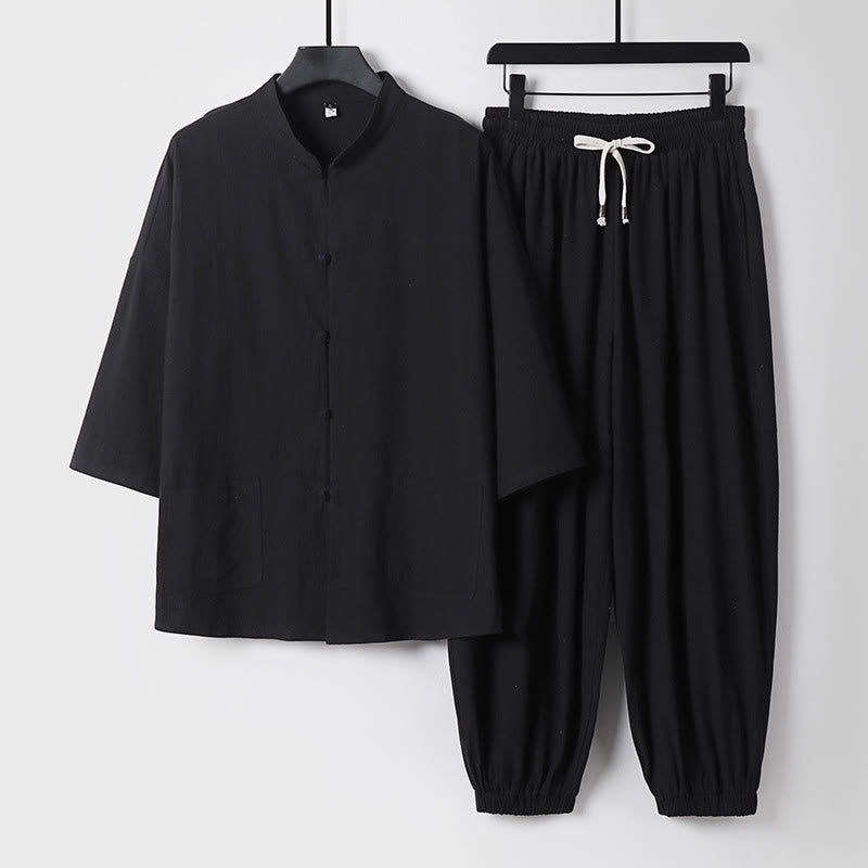 Ensemble haut et pantalon en coton à manches trois-quarts et short bouffant court Buddha Stones pour homme - Noir - US/UK/AU50，EU60 (7XL) - image 4