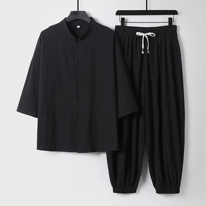 Ensemble haut et pantalon en coton à manches trois-quarts et short bouffant court Buddha Stones pour homme - Noir - US/UK/AU50，EU60 (7XL) - image 4