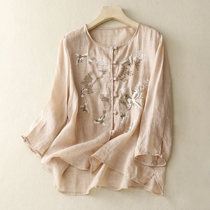 Chemisier décontracté à col rond Buddha Stones, chemise à manches longues brodée, haut en coton et lin, chemises pour femmes - Mocassin - US/UK/AU40，EU50 (2XL) - image 0