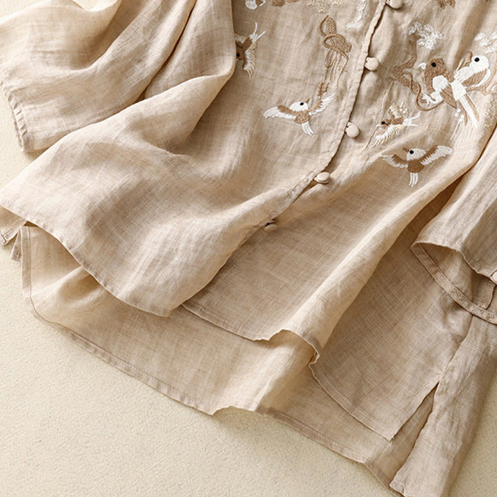 Chemisier décontracté à col rond Buddha Stones, chemise à manches longues brodée, haut en coton et lin, chemises pour femmes - image 12