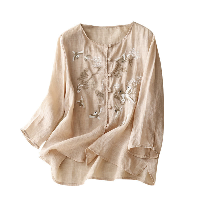 Chemisier décontracté à col rond Buddha Stones, chemise à manches longues brodée, haut en coton et lin, chemises pour femmes - image 19