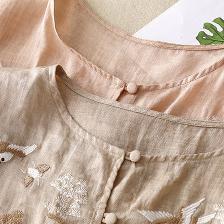 Chemisier décontracté à col rond Buddha Stones, chemise à manches longues brodée, haut en coton et lin, chemises pour femmes - image 16