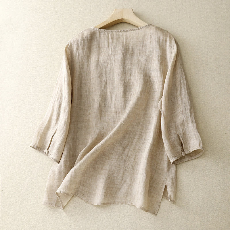 Chemisier décontracté à col rond Buddha Stones, chemise à manches longues brodée, haut en coton et lin, chemises pour femmes - image 7