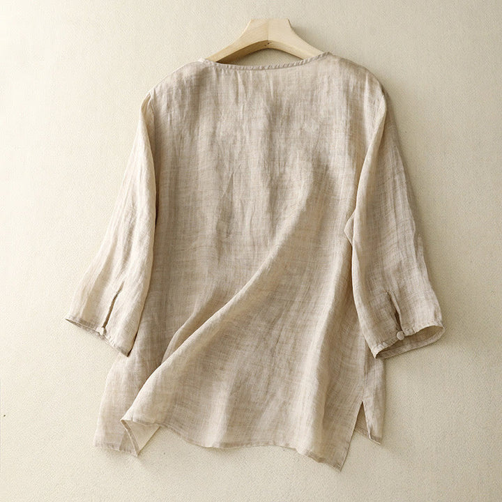 Chemisier décontracté à col rond Buddha Stones, chemise à manches longues brodée, haut en coton et lin, chemises pour femmes - image 7