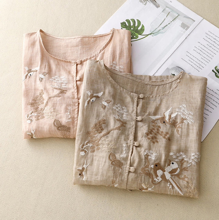 Chemisier décontracté à col rond Buddha Stones, chemise à manches longues brodée, haut en coton et lin, chemises pour femmes - image 18