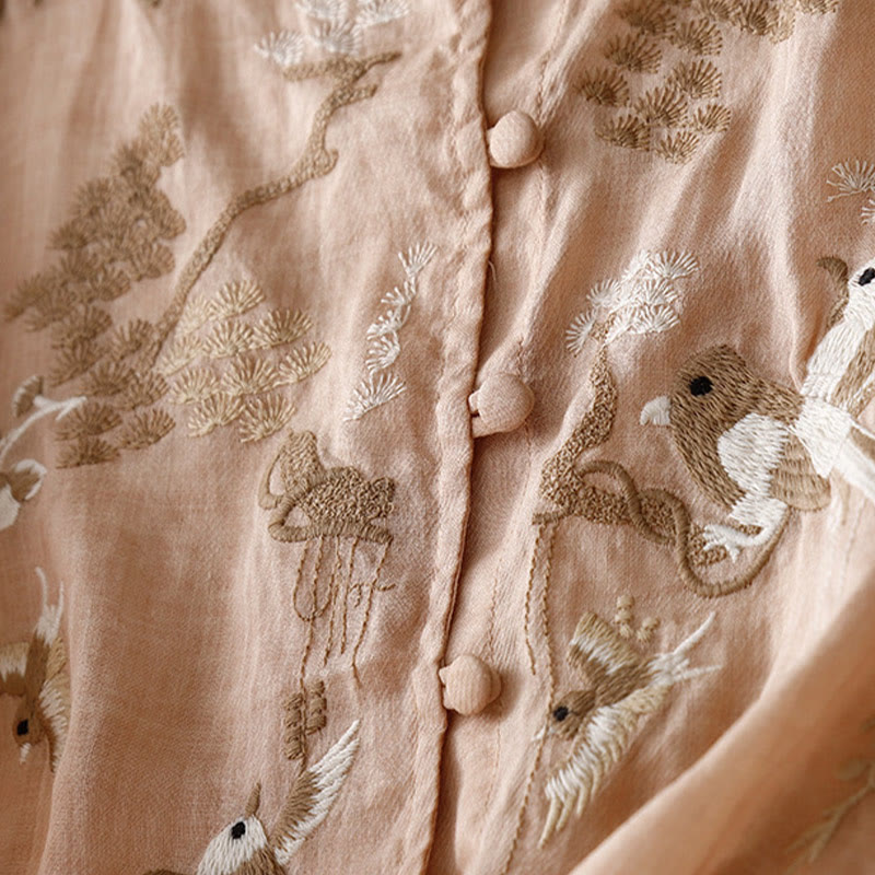 Chemisier décontracté à col rond Buddha Stones, chemise à manches longues brodée, haut en coton et lin, chemises pour femmes - image 1