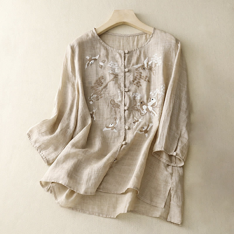 Chemisier décontracté à col rond Buddha Stones, chemise à manches longues brodée, haut en coton et lin, chemises pour femmes - Tanné - US/UK/AU40，EU50 (2XL) - image 6