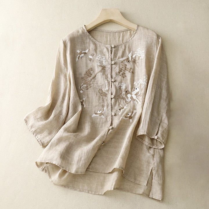 Chemisier décontracté à col rond Buddha Stones, chemise à manches longues brodée, haut en coton et lin, chemises pour femmes - Tanné - US/UK/AU40，EU50 (2XL) - image 6