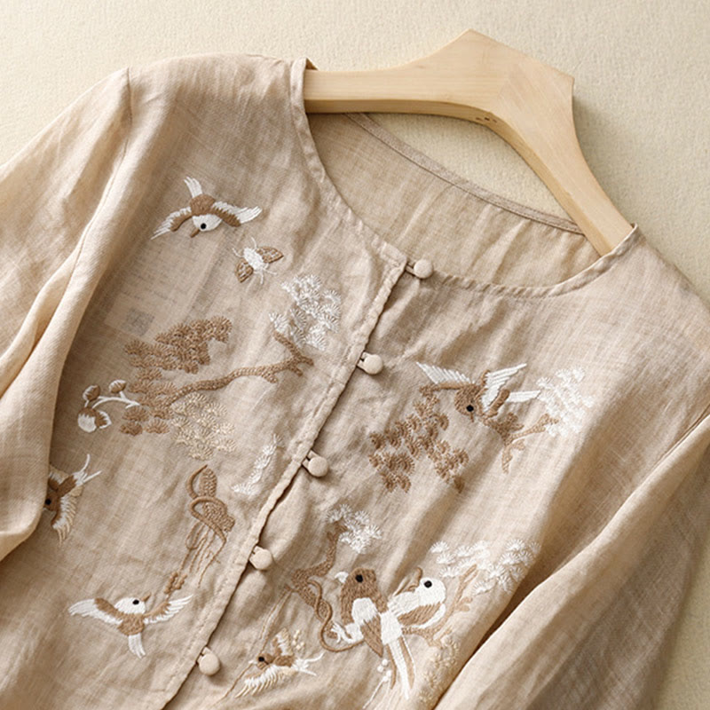 Chemisier décontracté à col rond Buddha Stones, chemise à manches longues brodée, haut en coton et lin, chemises pour femmes - image 8