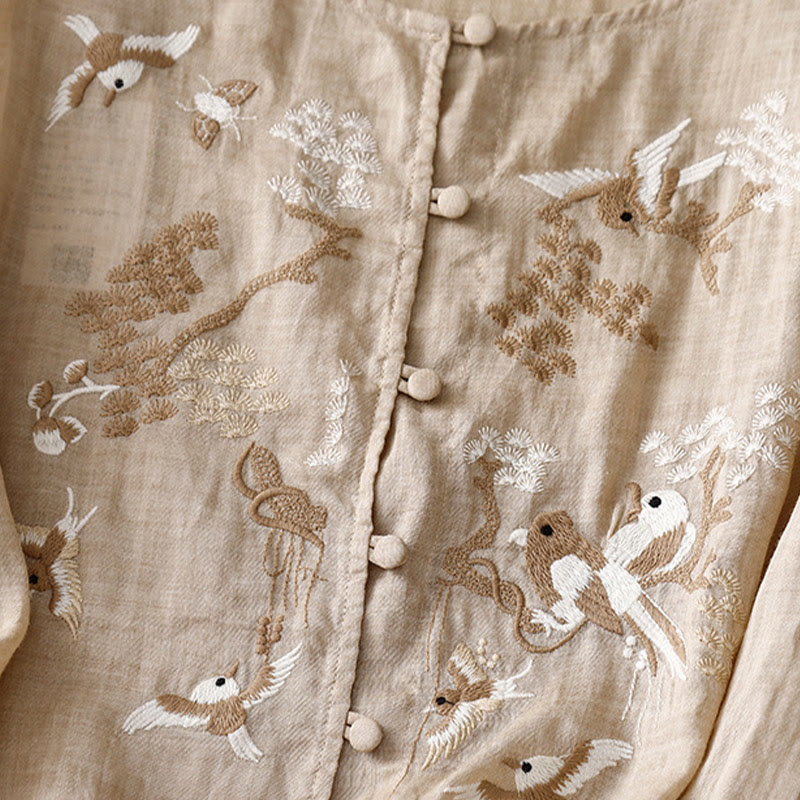 Chemisier décontracté à col rond Buddha Stones, chemise à manches longues brodée, haut en coton et lin, chemises pour femmes - image 9