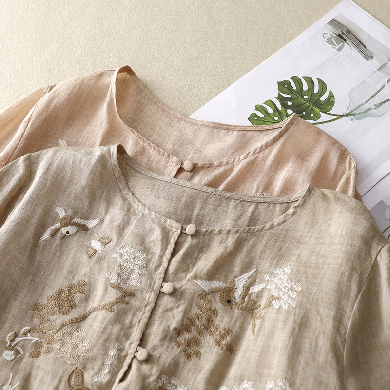 Chemisier décontracté à col rond Buddha Stones, chemise à manches longues brodée, haut en coton et lin, chemises pour femmes - image 17
