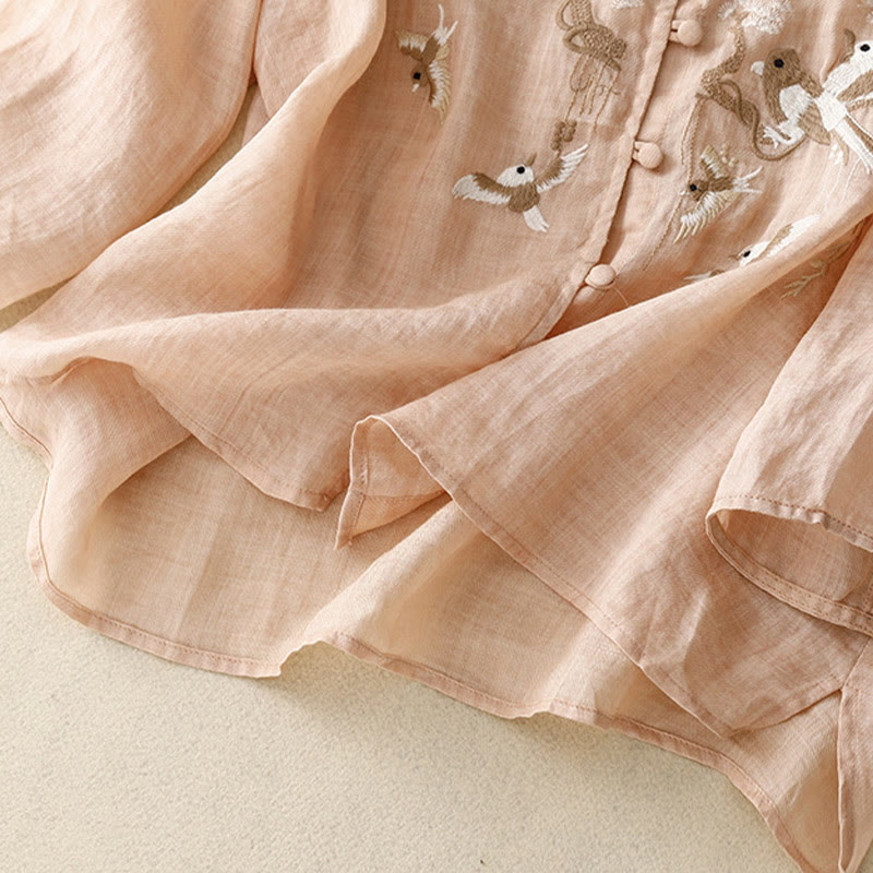 Chemisier décontracté à col rond Buddha Stones, chemise à manches longues brodée, haut en coton et lin, chemises pour femmes - image 3