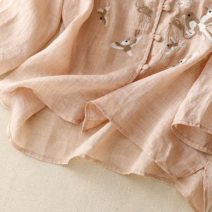 Chemisier décontracté à col rond Buddha Stones, chemise à manches longues brodée, haut en coton et lin, chemises pour femmes - image 3