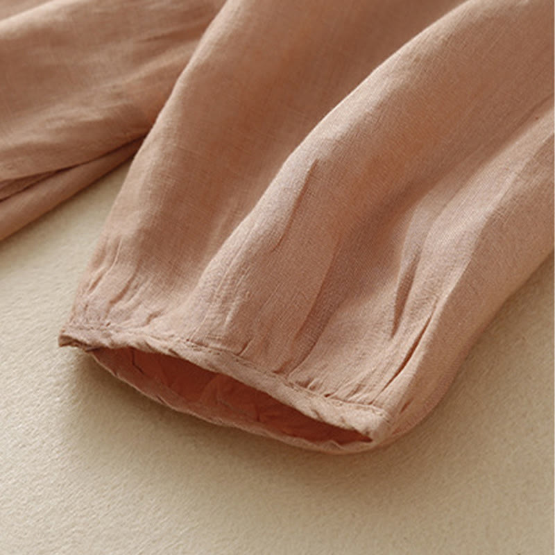 Chemises décontractées en coton et lin pour femmes, broderie florale, col rond, manches longues, Buddha Stones